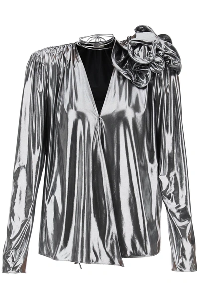 Magda Butrym Jersey Blouse With Rose Applique In Silver