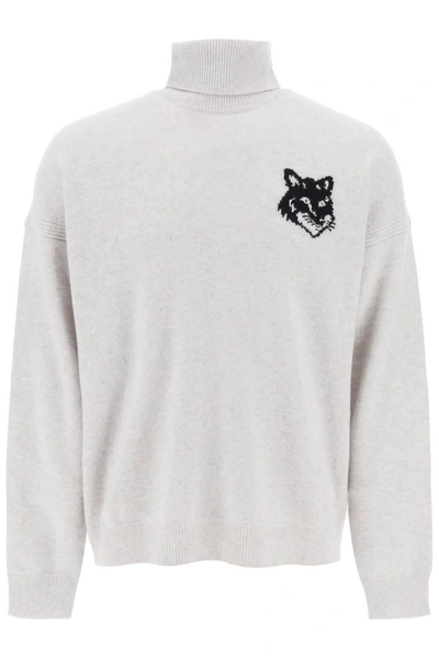 Maison Kitsuné Fox Head Intarsia Logo Turtleneck Sweater In White