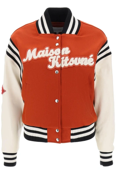 Maison Kitsuné Leather Sleeve Varsity Bomber In Red