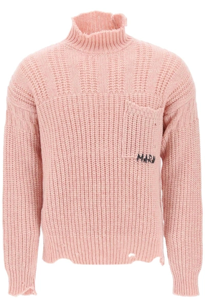 Marni Logo Wool Knit Loose Turtleneck Jumper In Pink