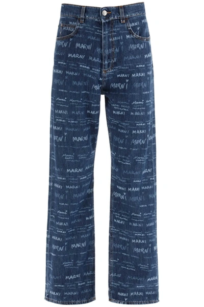 Marni Men's Straight-leg Jeans With Repeated Logo In Blue