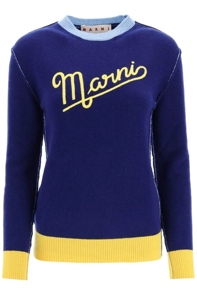 Marni Intarsia Logo-knit Crew Neck Jumper In Blue