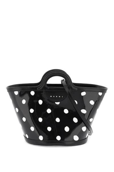 Marni Patent Leather Tropicalia Bucket Bag With Polka Dot Pattern In Black
