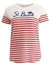 Mc2 Saint Barth Red Striped Cotton T-shirt With St. Barth Embroidery