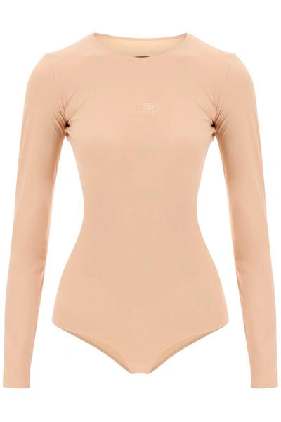 Mm6 Maison Margiela Long Sleeve Lycra Bodysuit In Beige