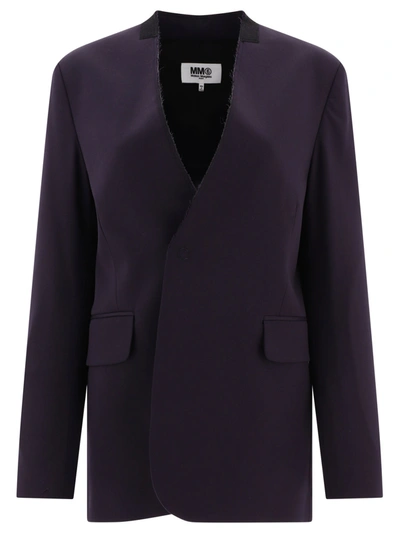 Mm6 Maison Margiela Single-breasted Blazer With Raw Cut Hems In Navy