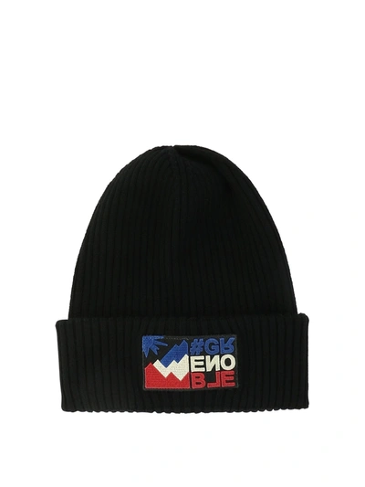 Moncler Black Ribbed Beanie With Grenoble Logo Patch At The Front In Wool Man