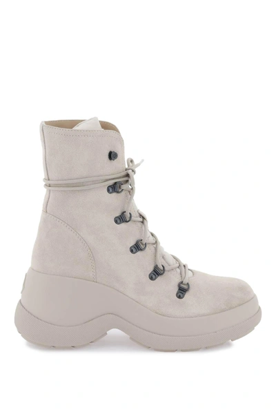 Moncler Resile Trek Faux Fur-trimmed Suede Ankle Boots In Cream