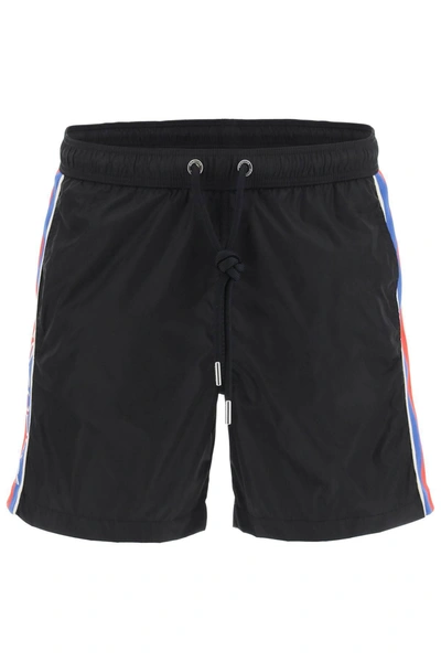 Moncler Side Striped Logo Swim Shorts In Black