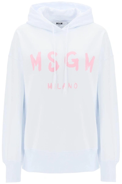 Msgm Logo-print Drawstring Cotton Hoodie In White