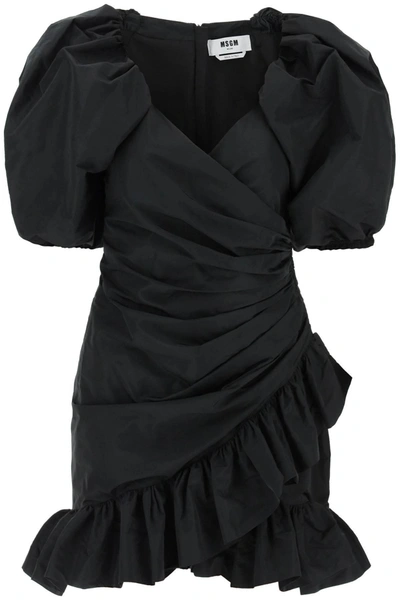 Msgm Mini Black Dress With Puff Sleeves And All-over Gatherings In Taffeta Woman
