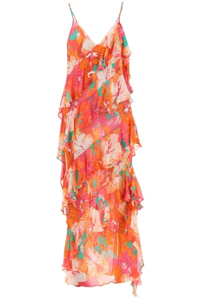 Msgm Maxi Frilled Dress With Tropical Motif In Multicolor