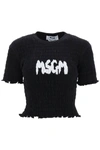 Msgm Textured Cropped Black T-shirt With Bold Logo