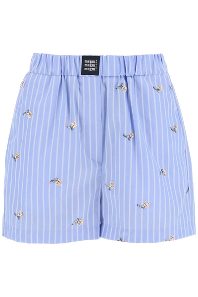 MSGM MSGM STRIPED POPLIN SHORTS WITH SEQUIN FLOWERS