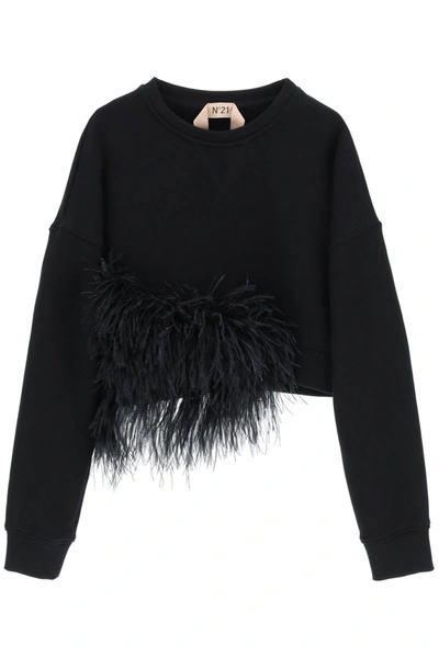 N°21 N.21 Cropped Sweatshirt With Feathers In Black