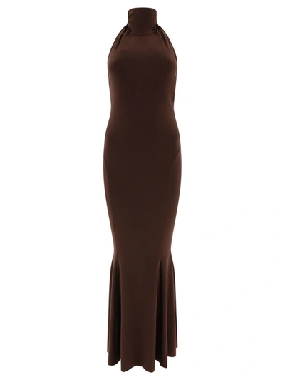 Norma Kamali Fishetail Fitted Long Dress In Brown