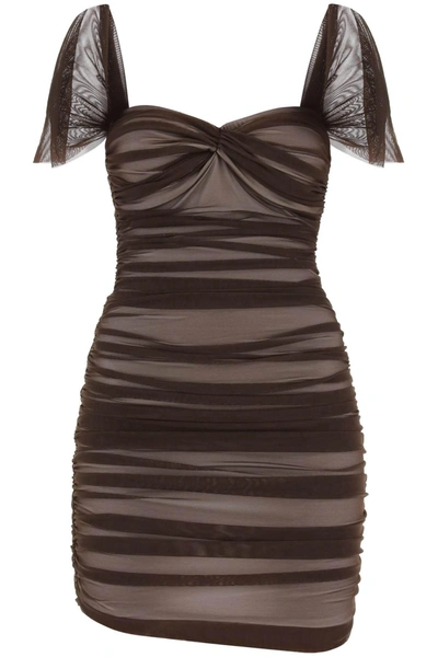 Norma Kamali Walter Off-the-shoulder Ruched Stretch-mesh Mini Dress In Brown