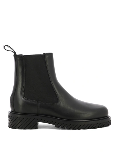 Off-white Round-toe Leather Ankle Boots In Black