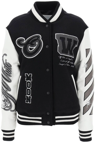 Off-white College Wool-blend Varsity Jacket In Black White