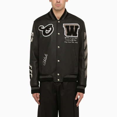 OFF-WHITE OFF WHITE™ BLACK LEATHER BOMBER JACKET WITH PATCHES