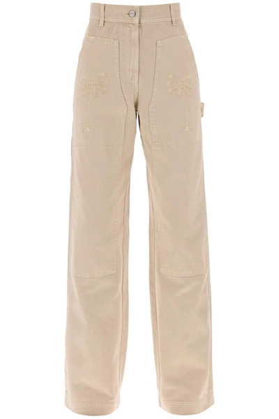 Palm Angels Gd Bull Cargo Trousers With Embroidered Palm Trees In Beige Beige (beige)