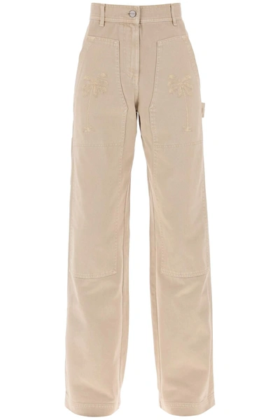 Palm Angels Gd Bull Cargo Pants With Embroidered Palm Trees In Beige