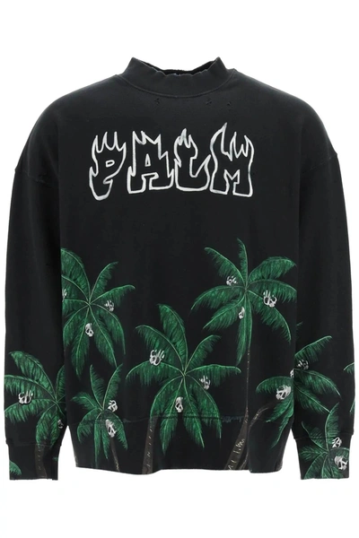 Palm Angels Palm Tree-print Cotton-jersey Sweatshirt In Black