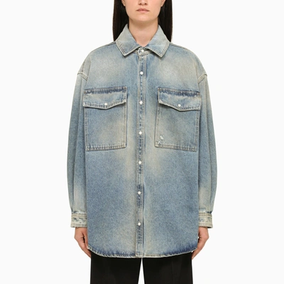 Palm Angels Embroidered-design Denim Shirt In Light Blue