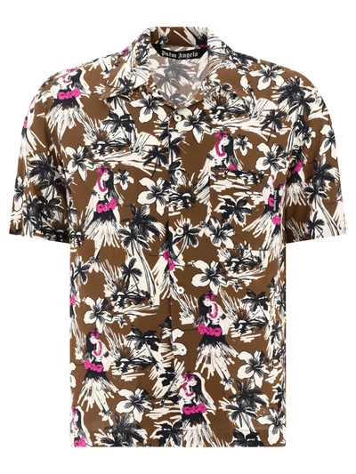 Palm Angels Floral-print Short-sleeved Shirt In Brown