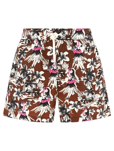 Palm Angels Allover Printed Drawstring Swim Shorts In Beige