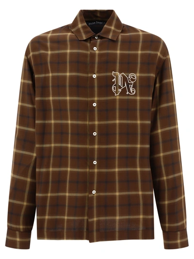 Palm Angels Pa Monogram-print Checked Shirt In Brown