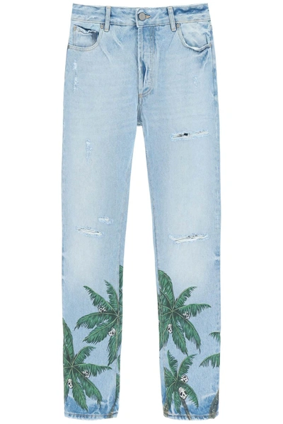 Palm Angels Palm Tree Print Jeans In Blue