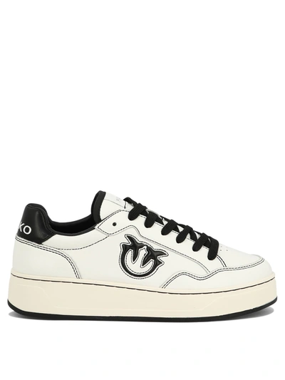 Pinko Love Birds Leather Sneakers In Off White/black