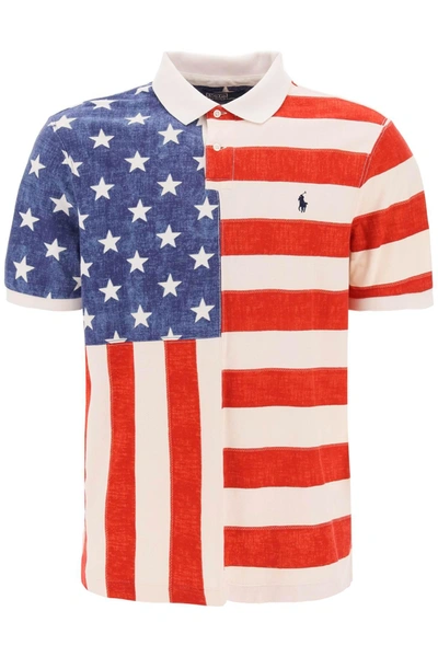 Polo Ralph Lauren Classic Fit Flag-print Mesh Polo Shirt Man Polo Shirt Red Size Xxl Cotton In Multi-colored
