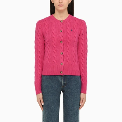 Polo Ralph Lauren Pink Crewneck Cable Knit Cardigan With Pony Embroidery On The Front In Cotton Woman
