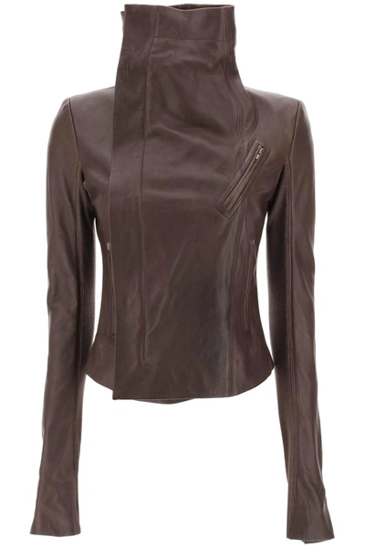 Rick Owens Leather High-neck Biker Jacket In Brown