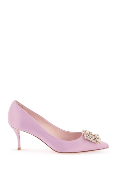 Roger Vivier Flower Strass Buckle Satin Pumps In Purple