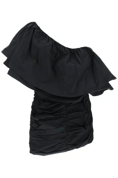 Rotate Birger Christensen Taft Pleated One Shoulder Dress In Black