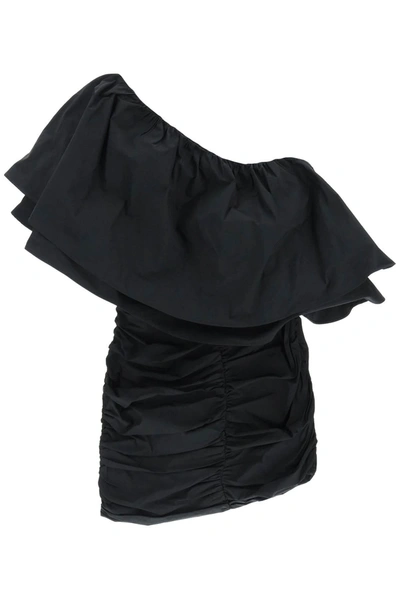 Rotate Birger Christensen Taft One-shoulder Ruffled Taffeta Mini Dress In Black