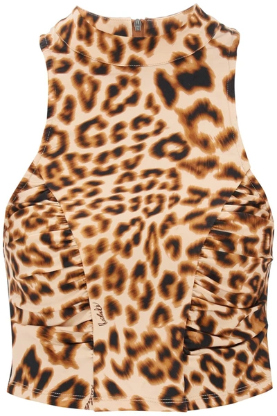 Rotate Birger Christensen Leopard Print Jersey Crop Top In Beige