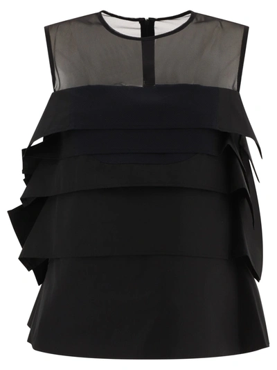 Sacai Ruffled Sheer-yoke Sleeveless Top In Black