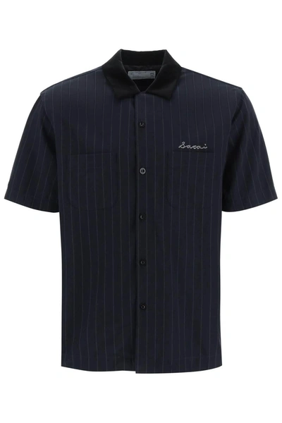 Sacai Cotton And Rayon Twill Short-sleeved Shirt In Blue