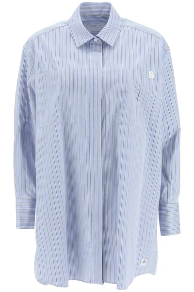 Sacai Striped Cotton Poplin Shirt In Light Blue