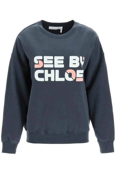 See By Chloé See By Chloe Logo Print Organic Cotton Sweatshirt In Navy