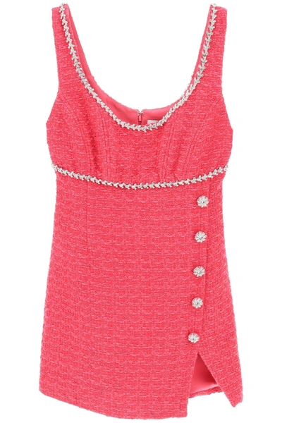 Self-portrait Button-embellished Contrast-trim Woven Mini Dress In Pink