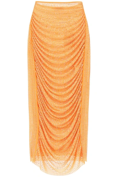 Self-portrait Self Portrait Draped Pencil Skirt With Rhinestones In Orange