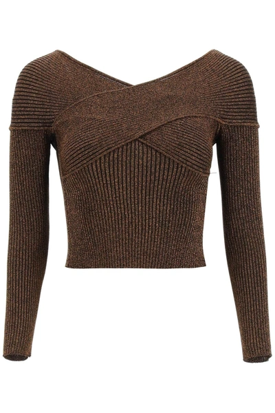 Self-portrait Metallic Knit Off-shoulder Top In Brown