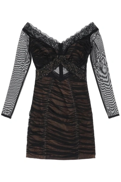 Self-portrait Lace-trim Mesh Mini Dress In Brown