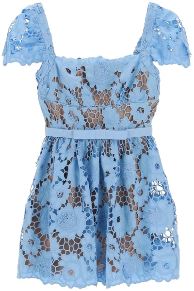 Self-portrait 3d Cotton Lace Mini Dress In Light Blue