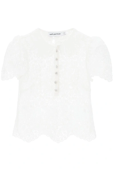 Self-portrait Self Portrait Short-sleeved Top In Floral Lace In White
